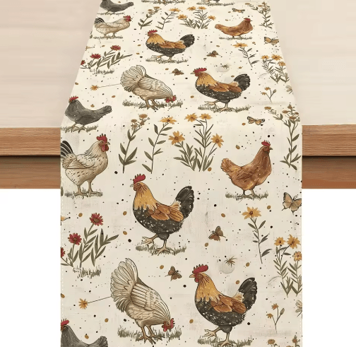 Farmhouse Rooster & Wildflower Linen Table Runner – Rustic Country Kitchen Table Decor
