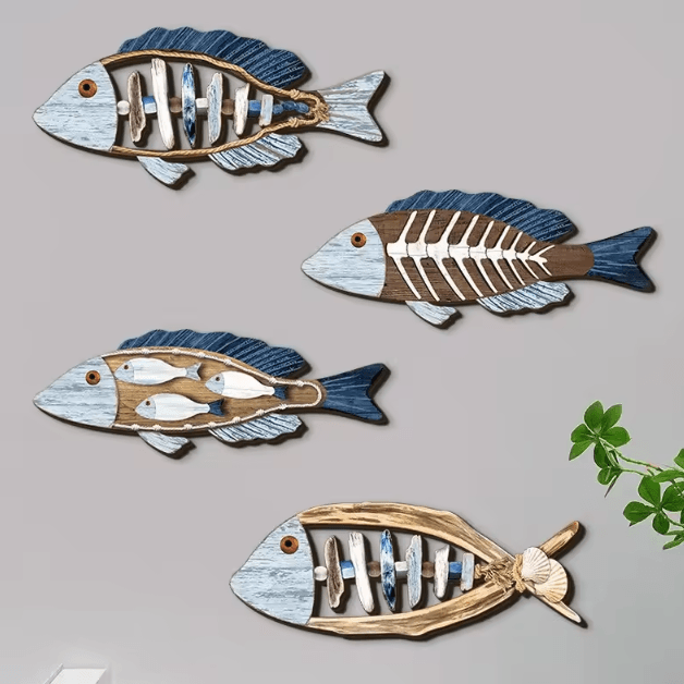 Coastal Wooden Fish Wall Decor Set – Hand-Carved Ocean Marine Wall Hanging Art