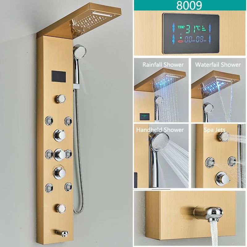 LED Light Bathroom Shower Faucet Set, Rainfall Panel System with Digital Temperature Display, Massage SPA Jets, and Bat