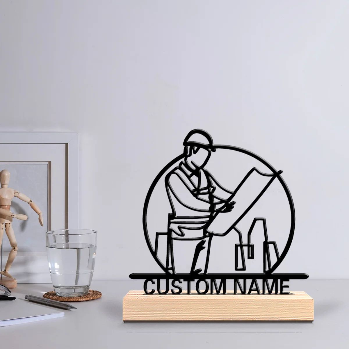 Personalized Architect Metal Art Desk Decor with Wooden Base