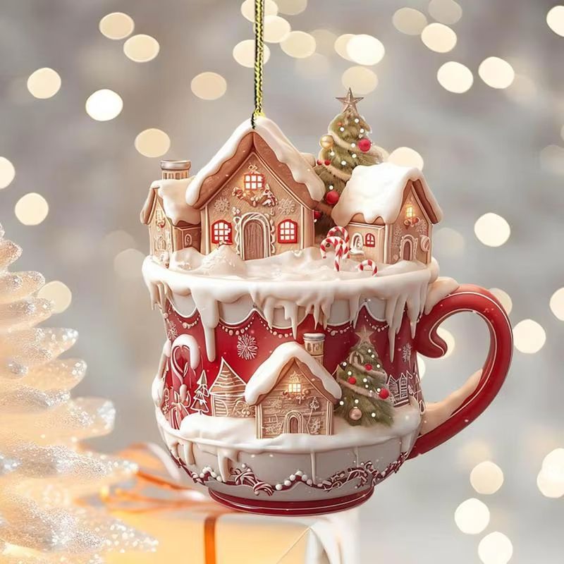Acrylic Coffee Cup Christmas Ornament 2D Snow House Keychain Pendant Tree Decoration