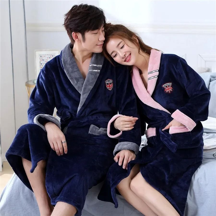 Winter Thick Coral Fleece Couple Robe Plush Flannel Kimono Gown