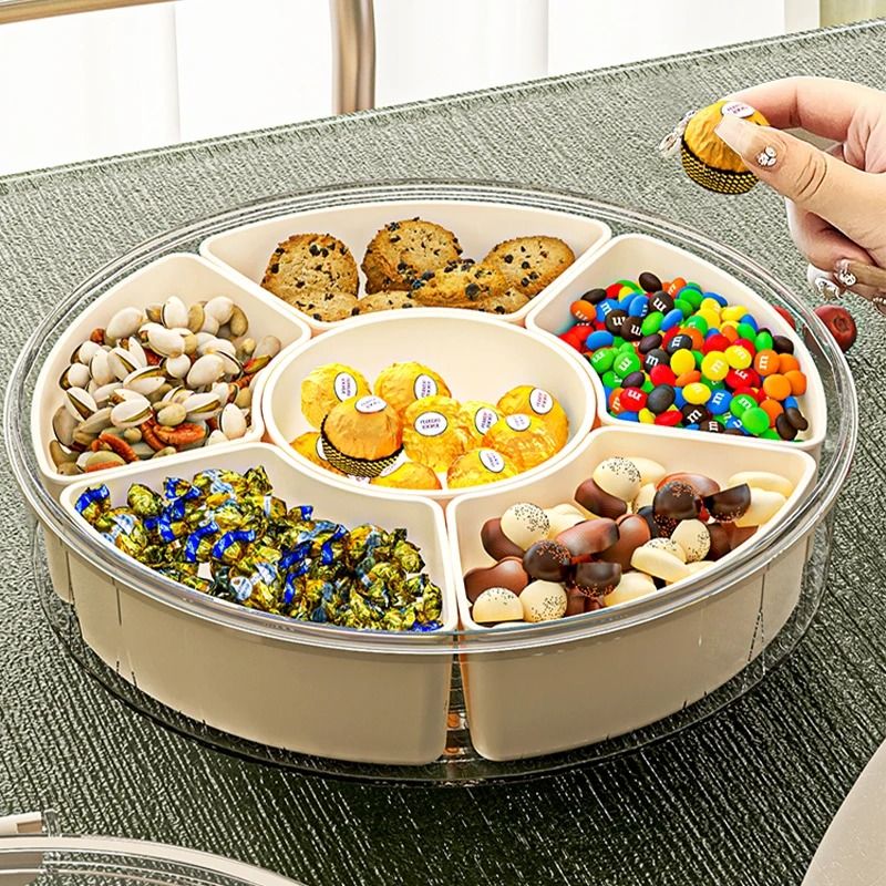 Round Rotating Fruit Tray with Lid and Handle Six Compartment Snack Organizer