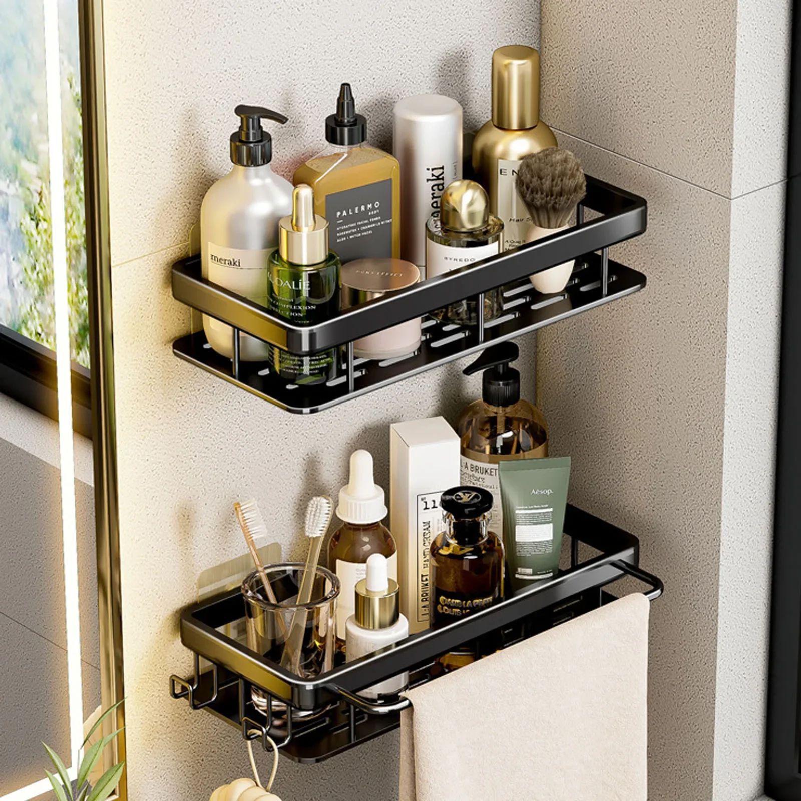 No Drill Bathroom Shower Shelf Wall Mounted Aluminum Shampoo Bottle Holder Corner Storage Rack for Bathroom and Kitchen