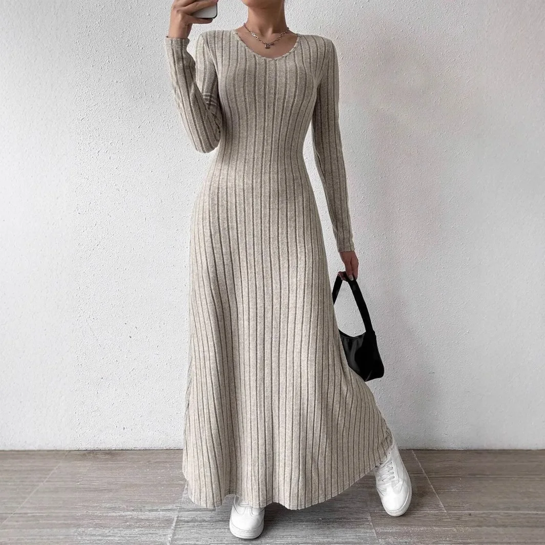 Women's Knitted Long Sleeve Dress, Streetwear, Solid Color Dress that Smooths and Slims