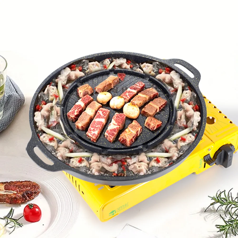 BBQ Hot Pot Grill Pan Dual Cooking Non Stick Camping Cooker