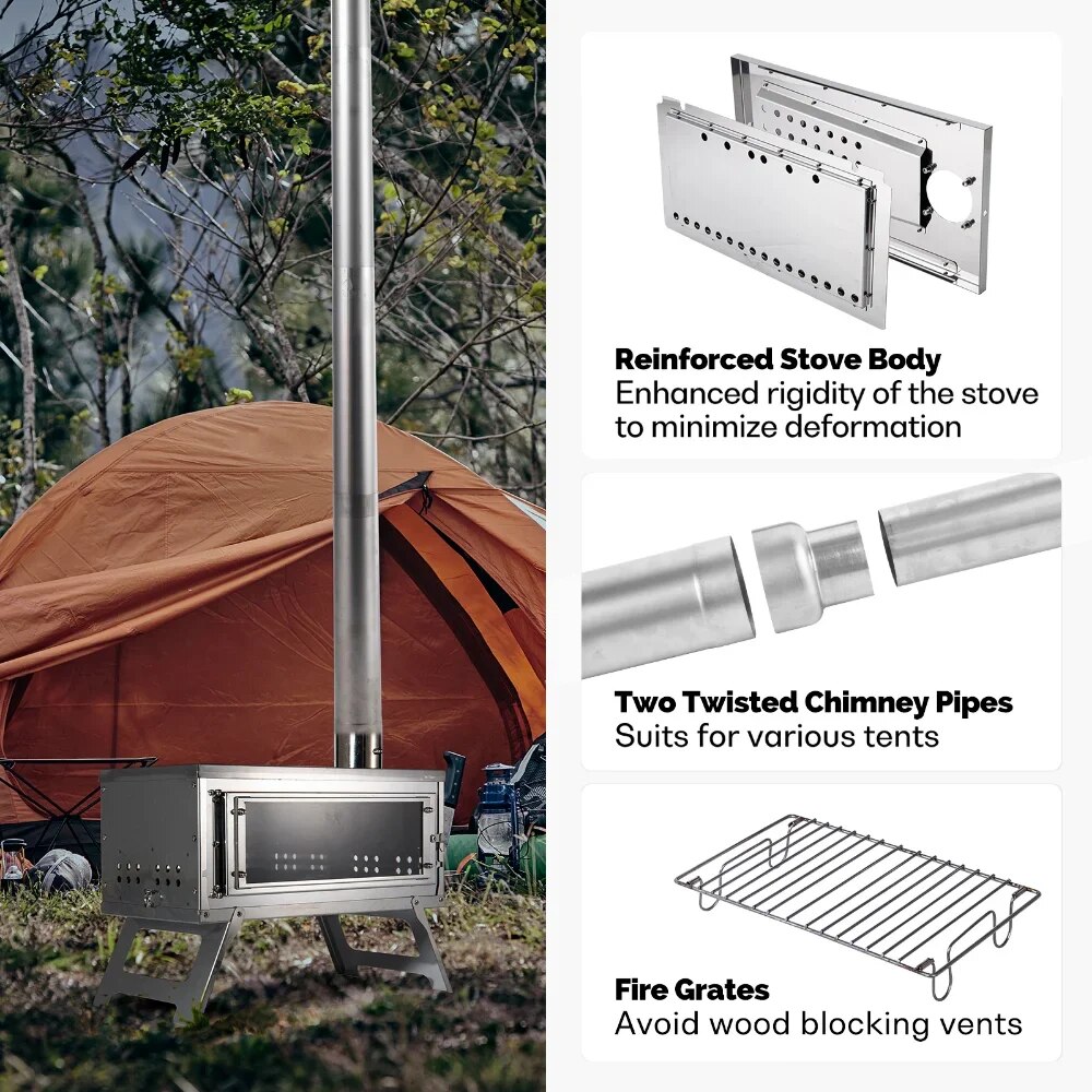 Portable Camping Wood Stove with Secondary Combustion Foldable Tent Heating Stove