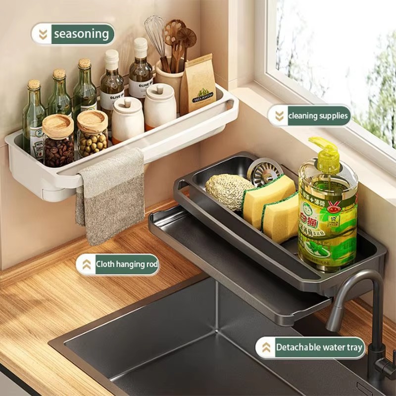 Wall-mounted Sink Rack Faucet Storage Rack Adjustable Hole-free Drain Tray Kitchen Sponge Storage Shelf