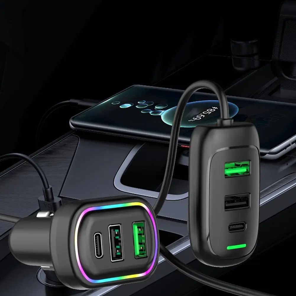 48W 6-Port Car Charger with USB-C PD Fast Charging – Multi-Device Cigarette Lighter Adapter with RGB Light