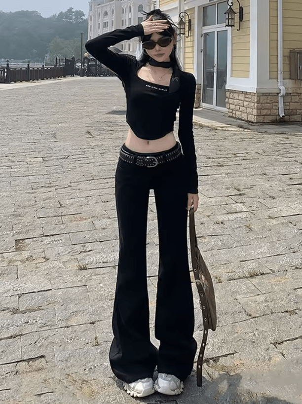 Korean Low Rise Y2K Flare Jeans for Women – Slim Fit Bell Bottom Bootcut Denim Pants