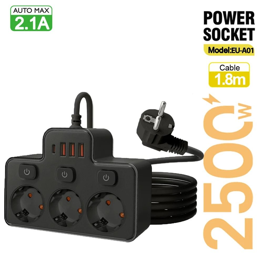 Wall Mounted EU Power Strip with Independent Switch & USB Charging