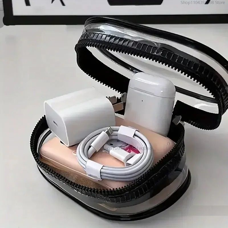 Portable Mini Clear Zipper Storage Bag Keychain Box Organizer for Earphones and Chargers