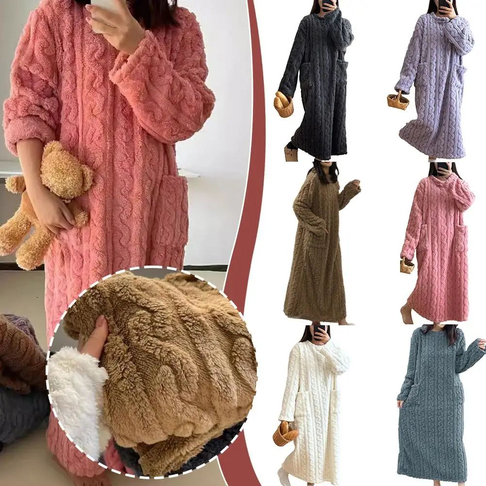 Womens Thick Flannel Coral Velvet Long Pajamas Robe - Ultra-Soft Warm Autumn Winter Nightwear, Cozy Homewear Lounging