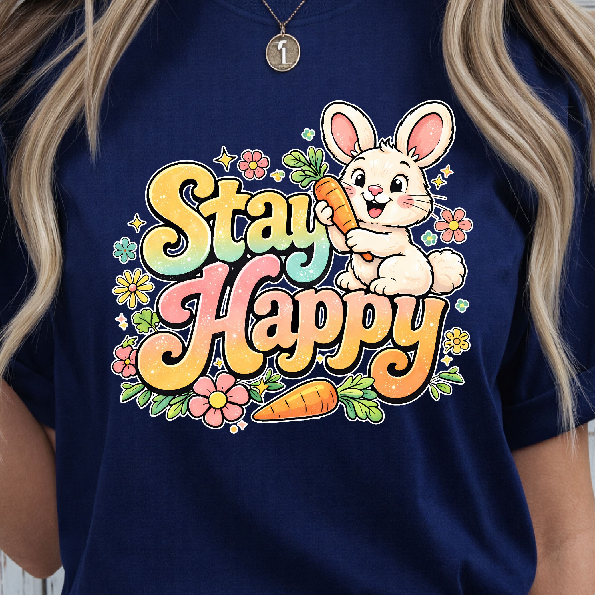 Stay Happy Shirt – Happy Bunny with Carrots Easter Tee
