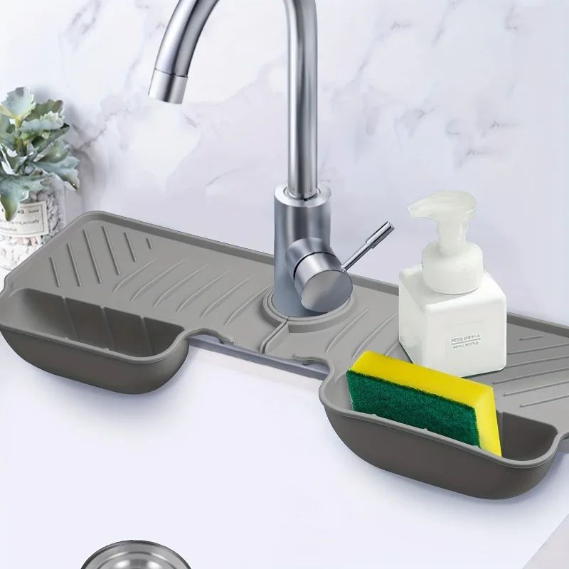 Silicone kitchen sink organizer with Dual Pockets, sink splash guard & Quick-Drain Mat