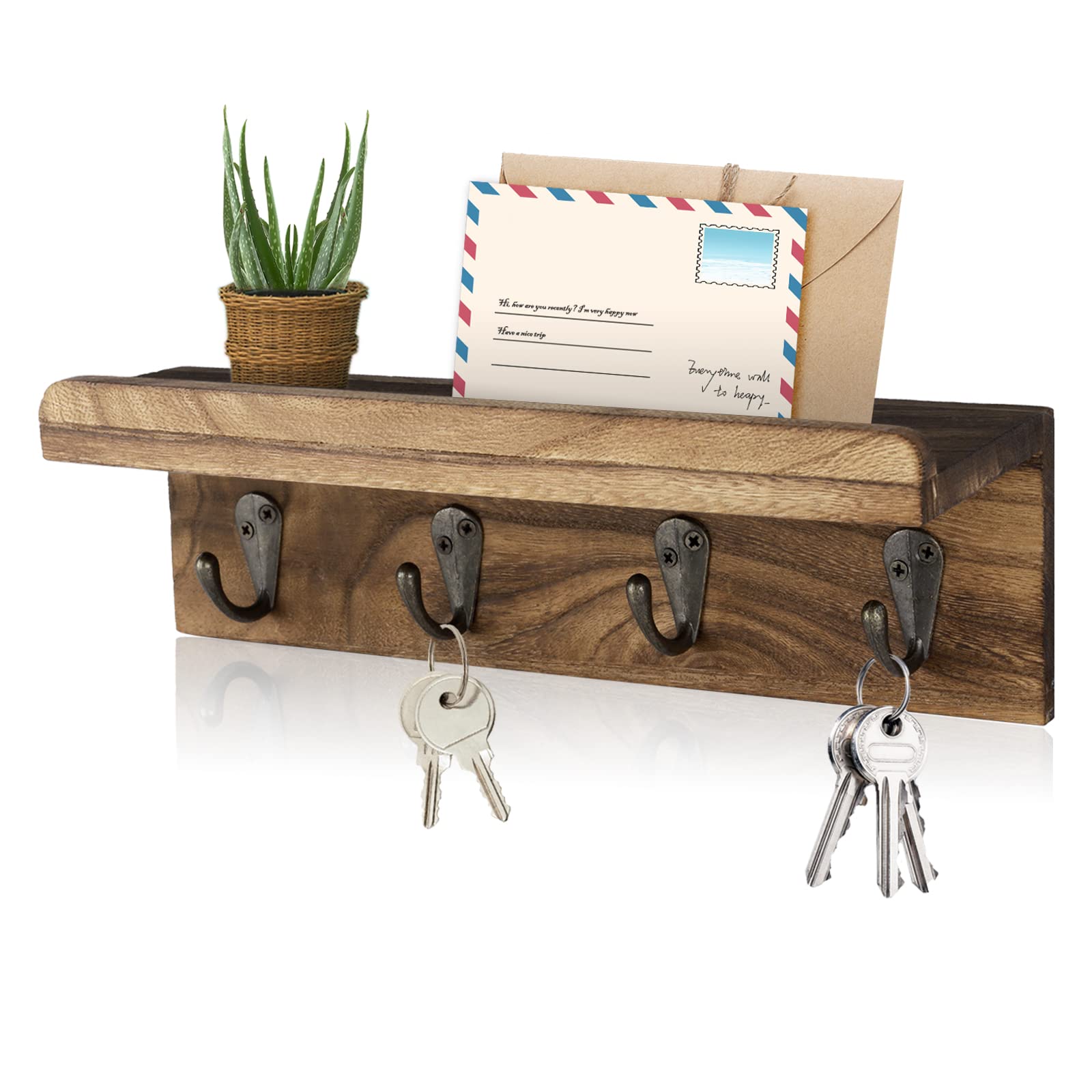 Rustic Wood Key Holder for Wall, Farmhouse Wall Shelf with Hooks, Wall Mounted Home Decor