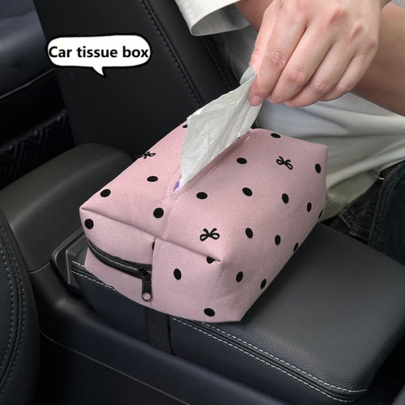 Fashionable Car Tissue Box, Creative Hanging Design, Polka Dot and Bow Tie Pattern, Multi Functional In Car Tissue Paper
