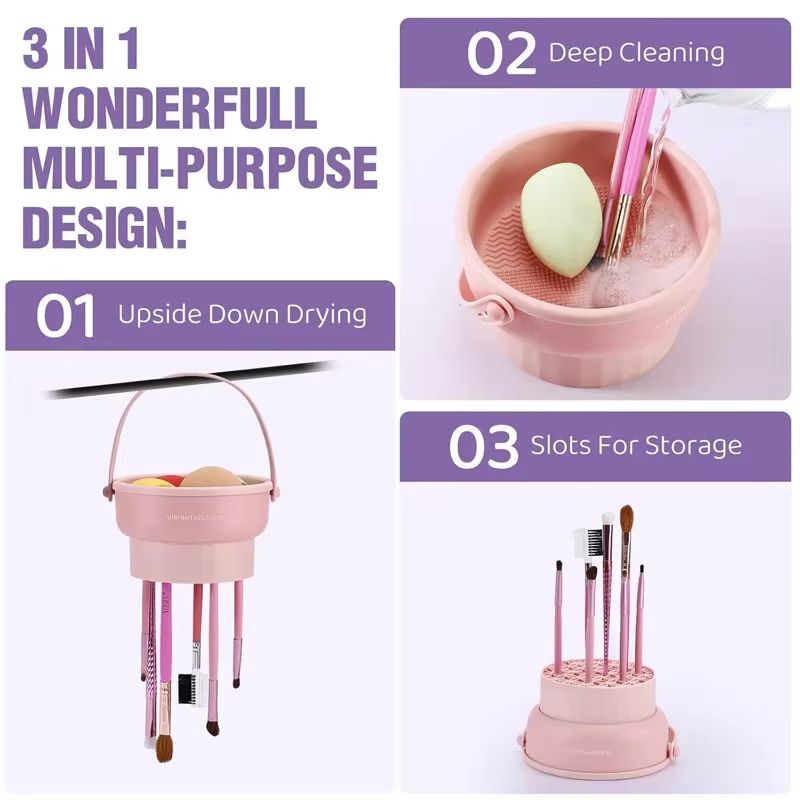 Makeup Brush Cleaning Bucket with Drying Rack and Storage Box