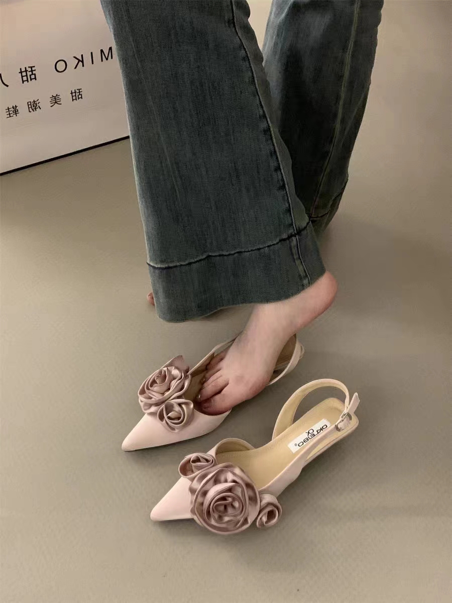 Women Sandal, Fashion Flower Slingback Dress Shoes, Thin Low Heel Mules Pumps