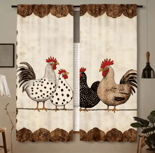 2-Piece Cafe Curtains Kitchen Window Retro Polka Dot Chicken Print Panels