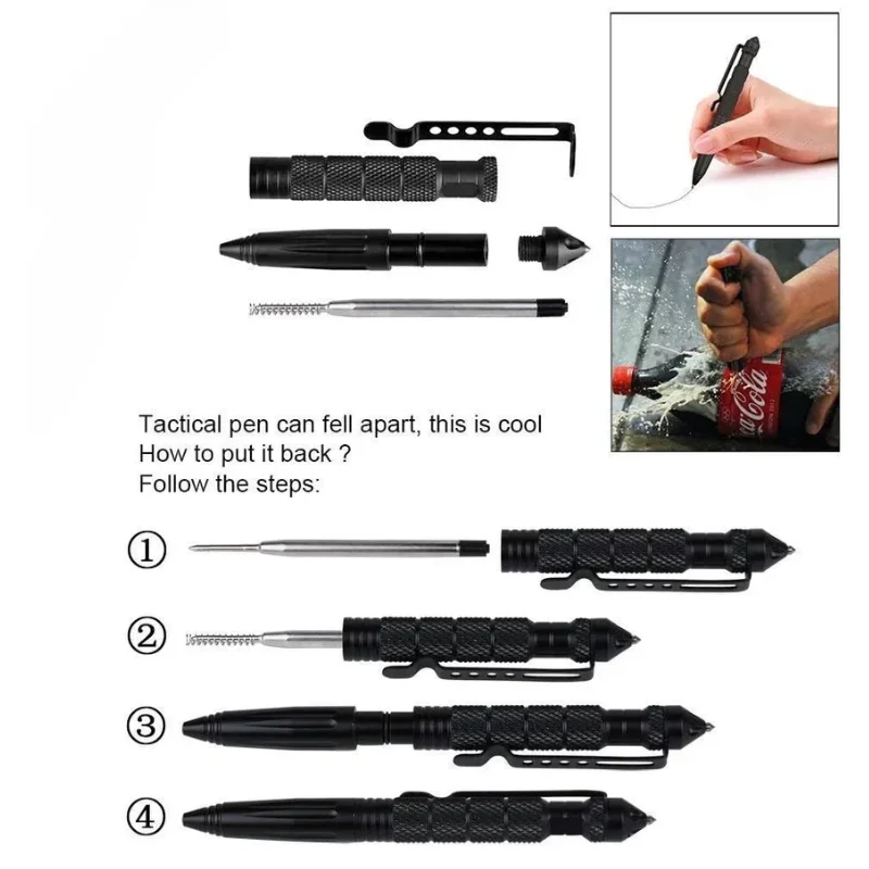 Multifunctional Tactical Pen Self-Defense, Emergency Tool, Glass Breaker, and Tungsten Steel Writing Pen.