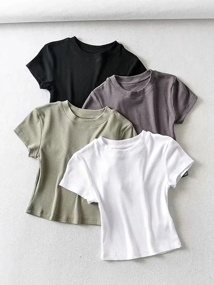 Womens Slim O-Neck Short Sleeve Stretch Crop Top