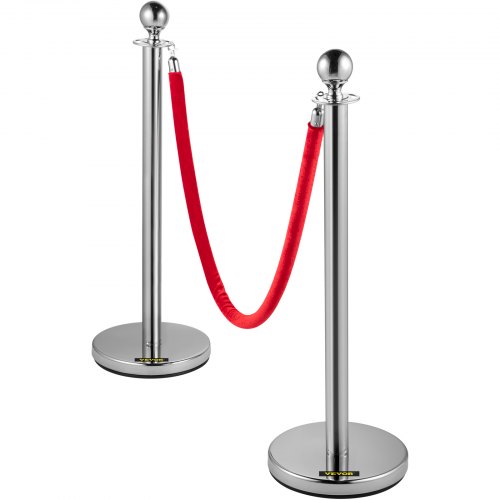 Retractable Crowd Control Barrier, 38 Inch Stainless Steel Stanchion Posts with Durable Red Velvet Rope (Silver)
