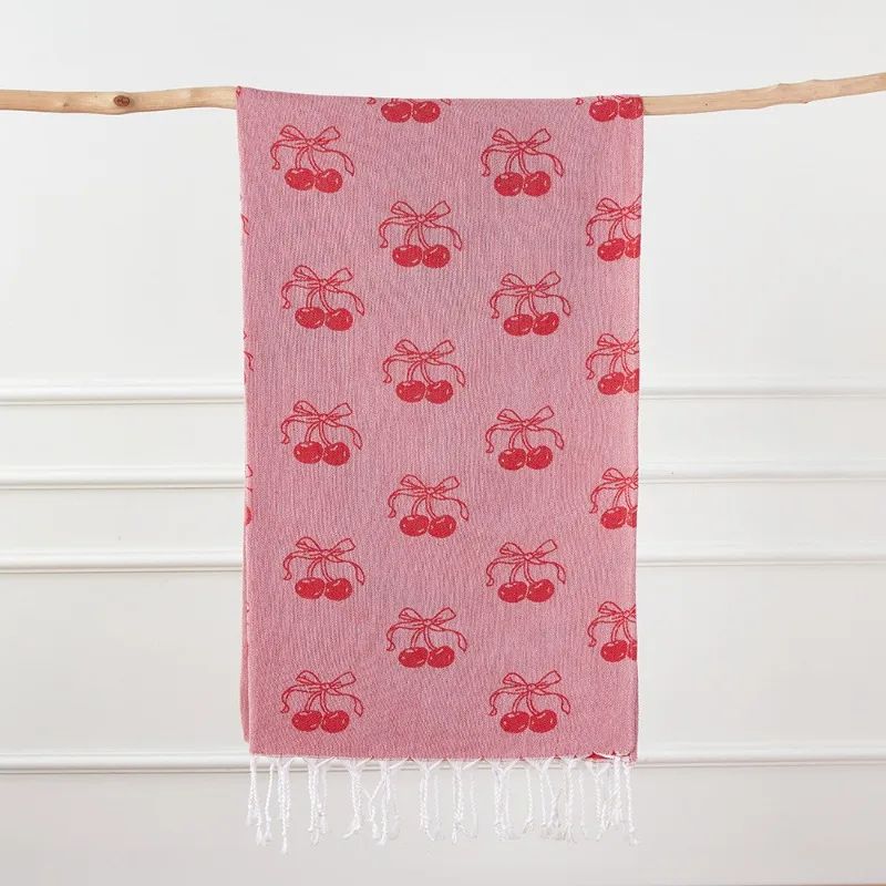 Turkish Cotton Cherry Bow Beach Towel – Quick-Dry Fringed Bath & Sauna Towel for Kids & Family