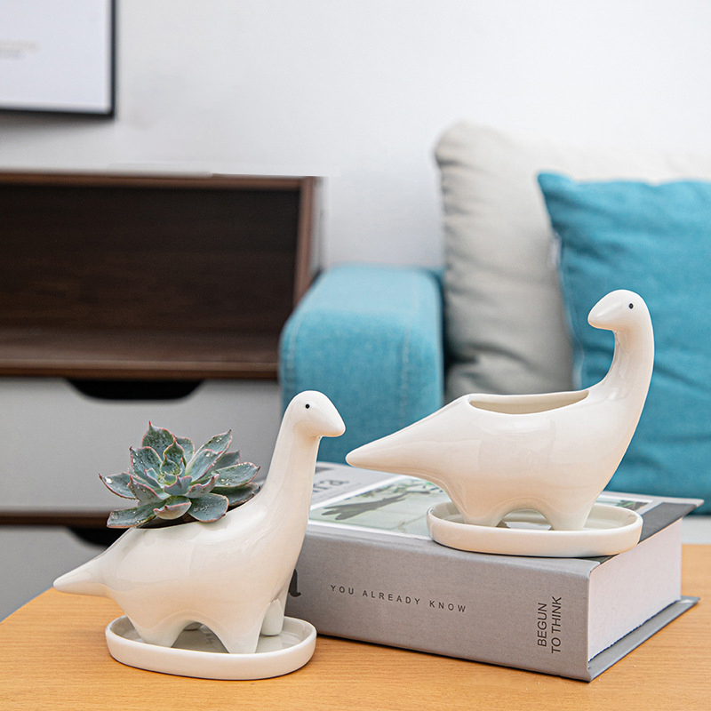 White Ceramic Dinosaur Succulent Planter Pot with Tray Cute Desk Decor