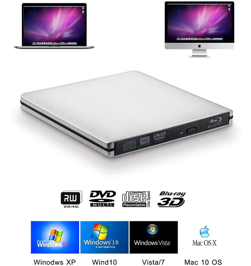 External USB Blu-Ray Reader, Burner, Writer BD-ROM Optical DVD Recorder for Laptop Desktop