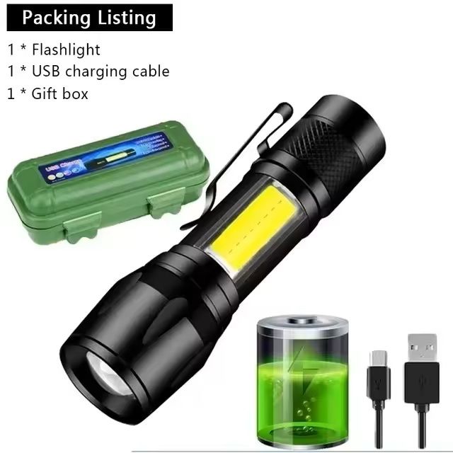 Mini LED Flashlight with COB+XPE – USB Rechargeable, Zoomable Focus, Tactical Design with Pen Clip