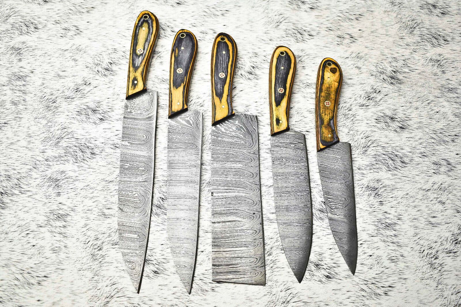 Superb Custom Lot of 5 Handmade Hammered Damascus Steel Chef Knives | Full Tang Blades with Polished Handles