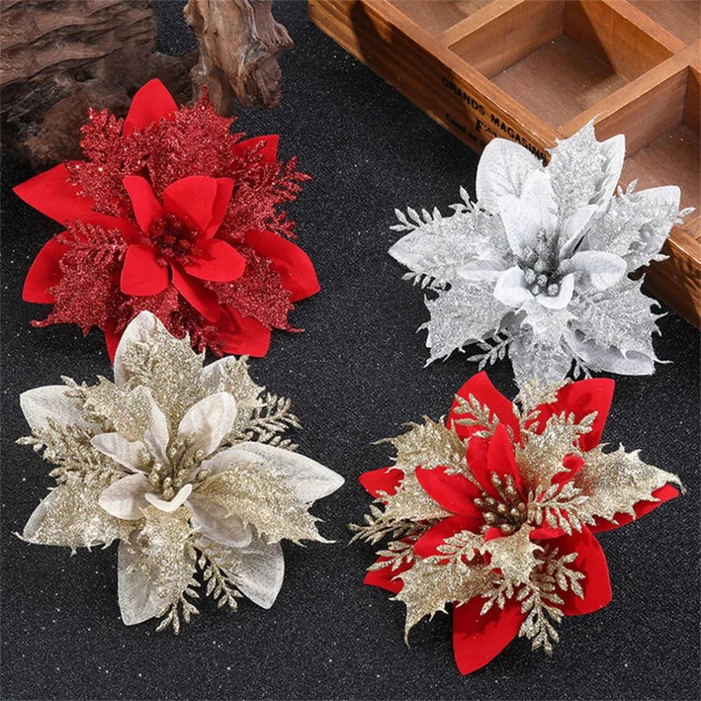 Glitter Christmas Flower Tree Ornaments – Artificial Poinsettia Decorations for Holiday Home Decor