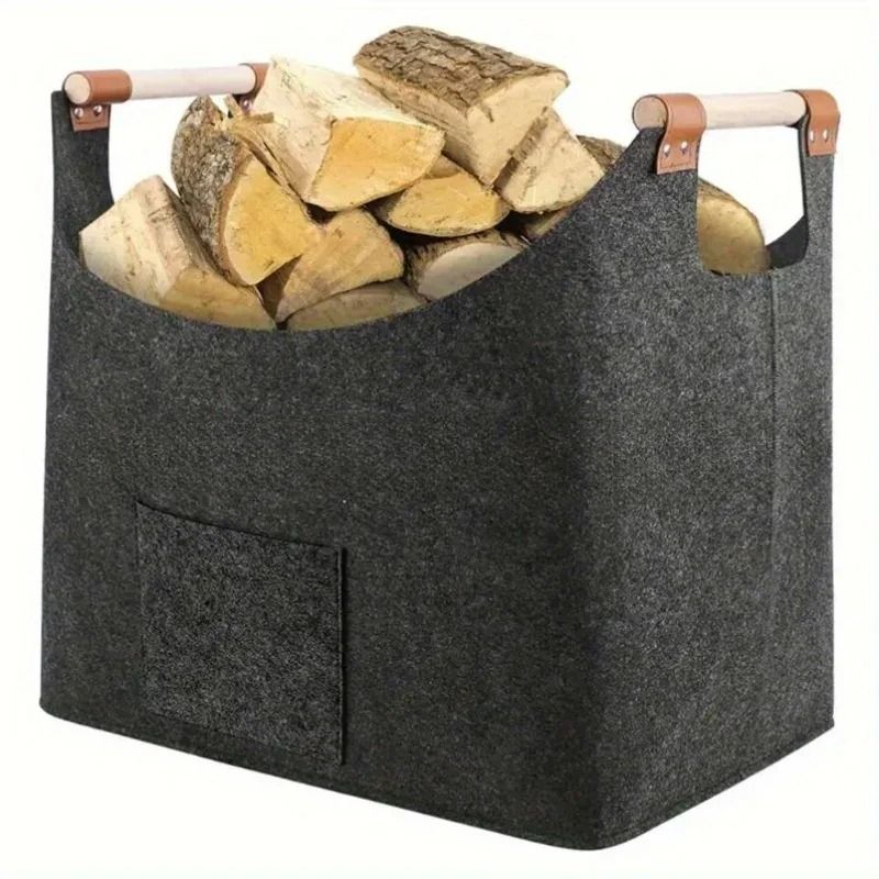 Extra Large Folding Felt Firewood Storage Basket with Reinforced Handles