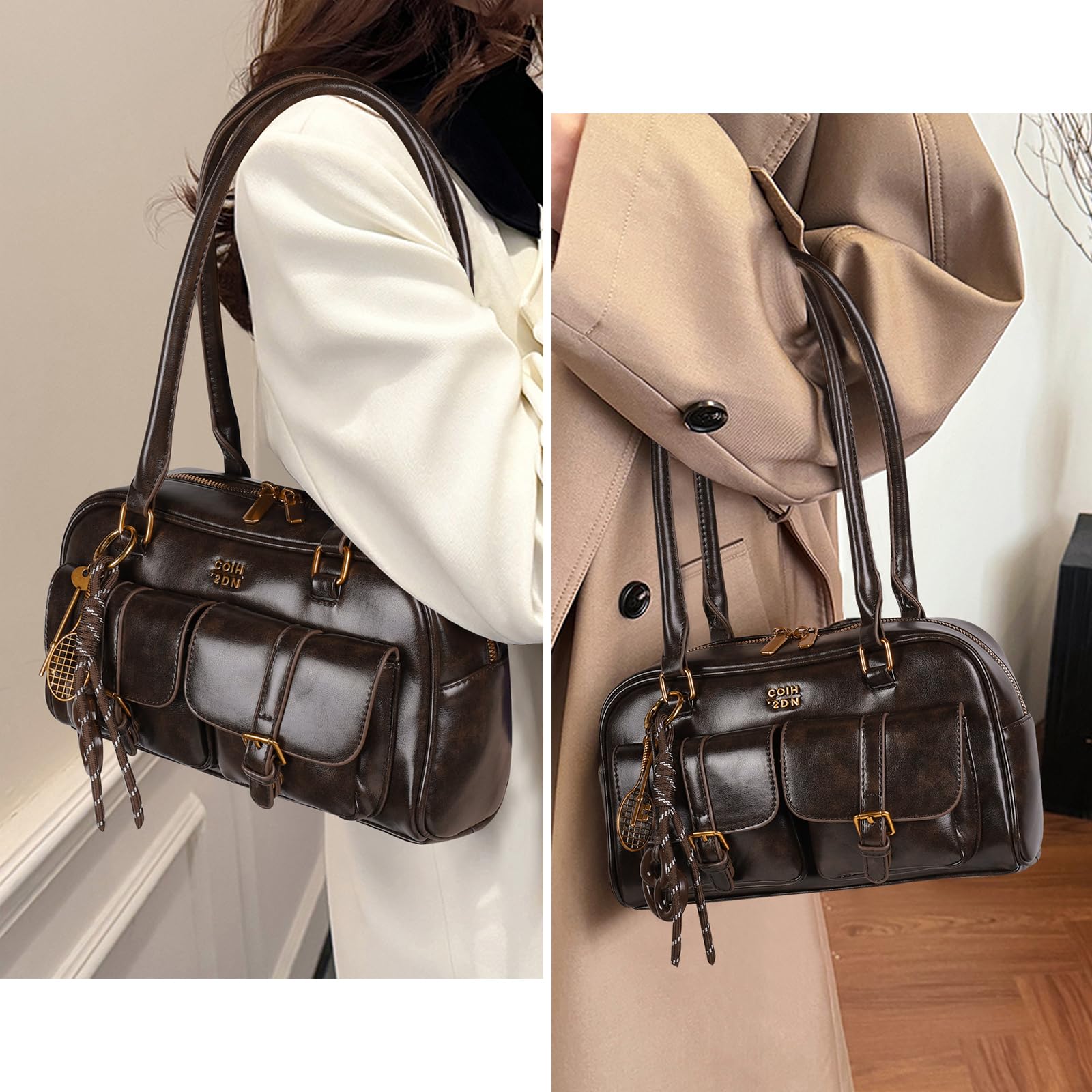 Retro Shoulder Bag Women YK Hobo Bag Boston Style Coffee Handbag