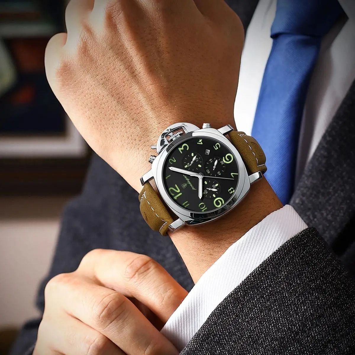 Luxury Military Waterproof Watch with Luminous Leather Strap Quartz Movement