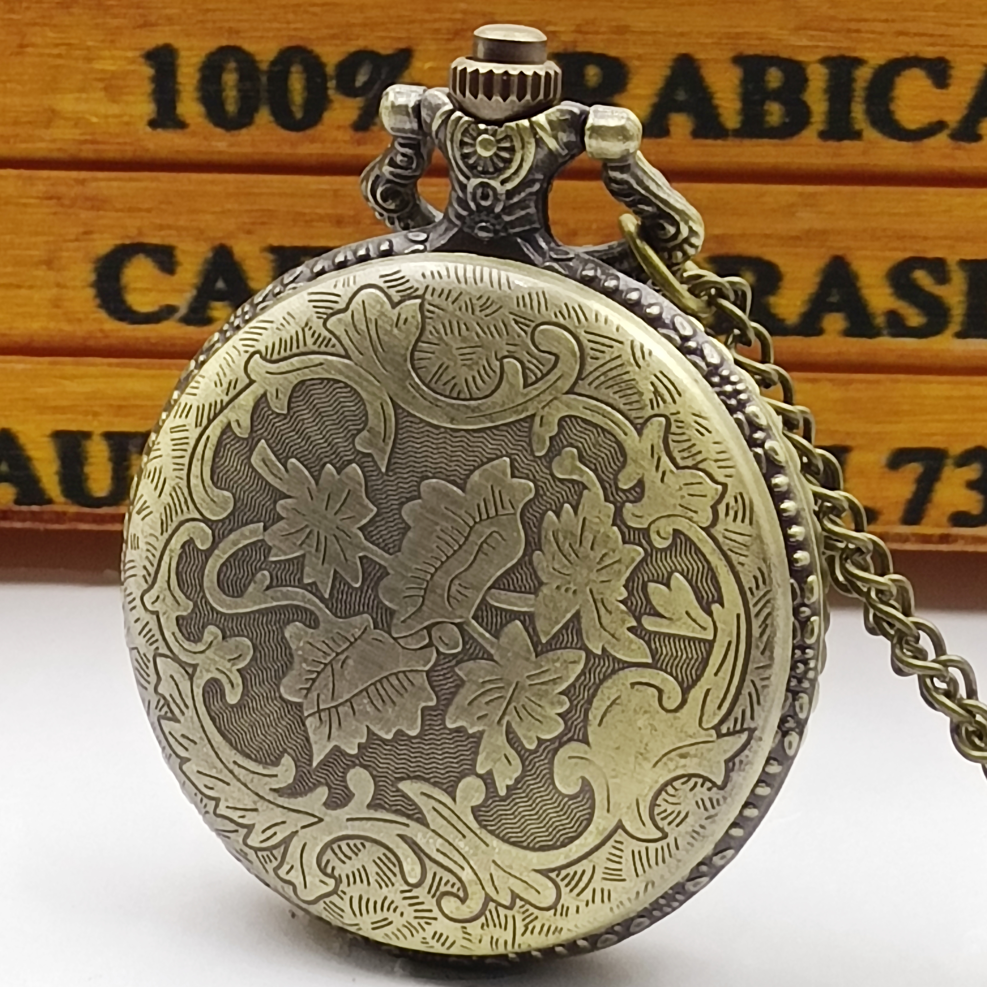 Vintage Pocket Watch Necklace with Star Moon Engraving Quartz Pendant