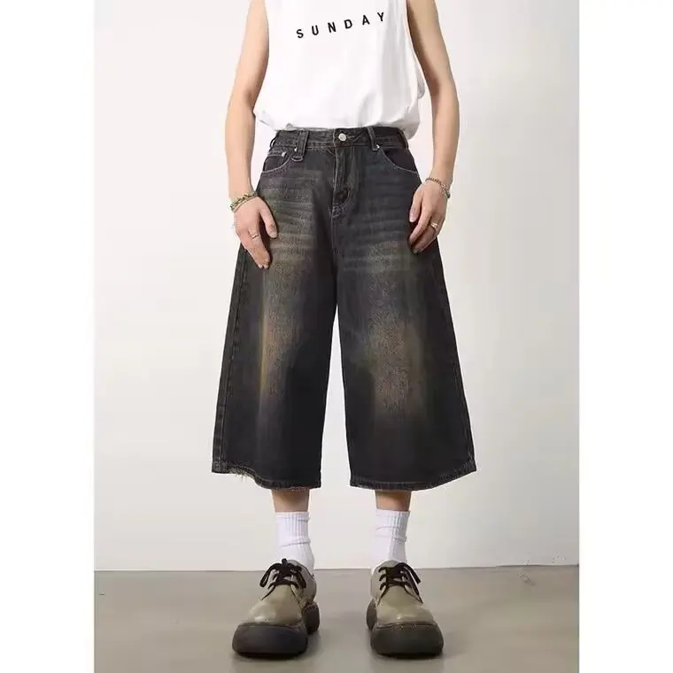 Vintage Mens Denim Shorts, Loose Fit Wide Leg American Style Jeans for Summer, Straight Leg Sensibility Design