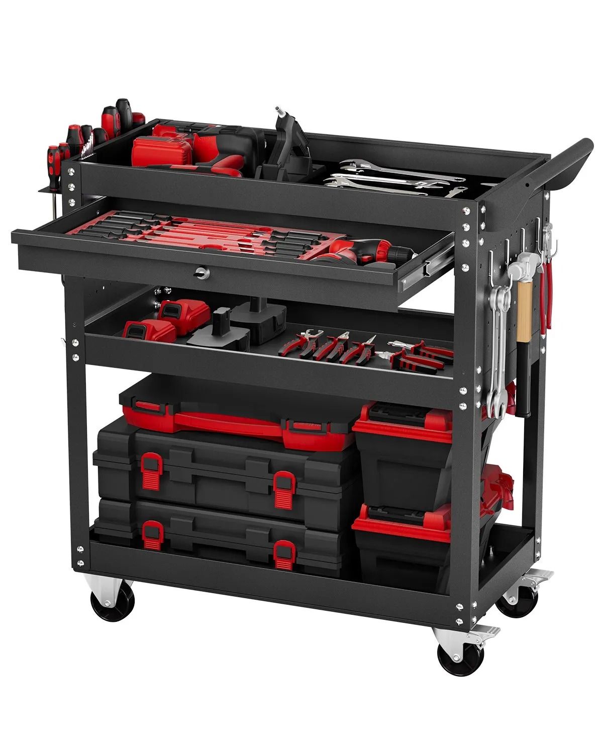 Heavy Duty Rolling Tool Cart with Drawer & Pegboard Tool Cart with Wheels 350 lbs Capacity