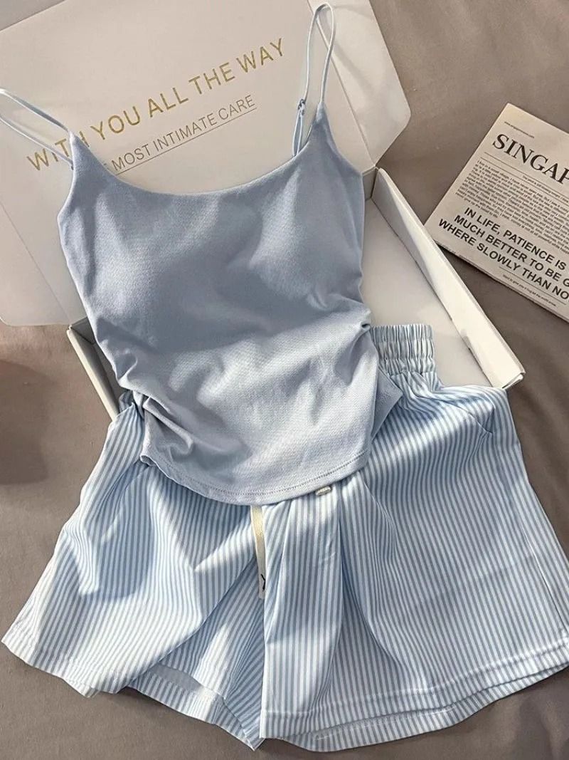 Women Striped Pajama Set Spaghetti Strap Top and Shorts Summer Loungewear