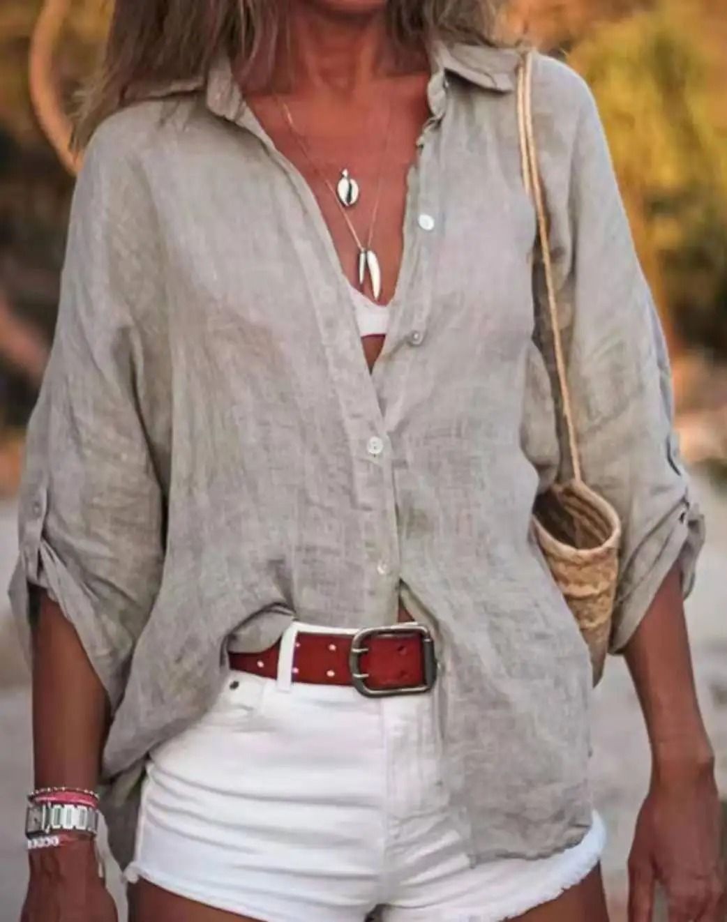 Womens Pure Cotton Loose Seven Quarter Sleeve Shirt