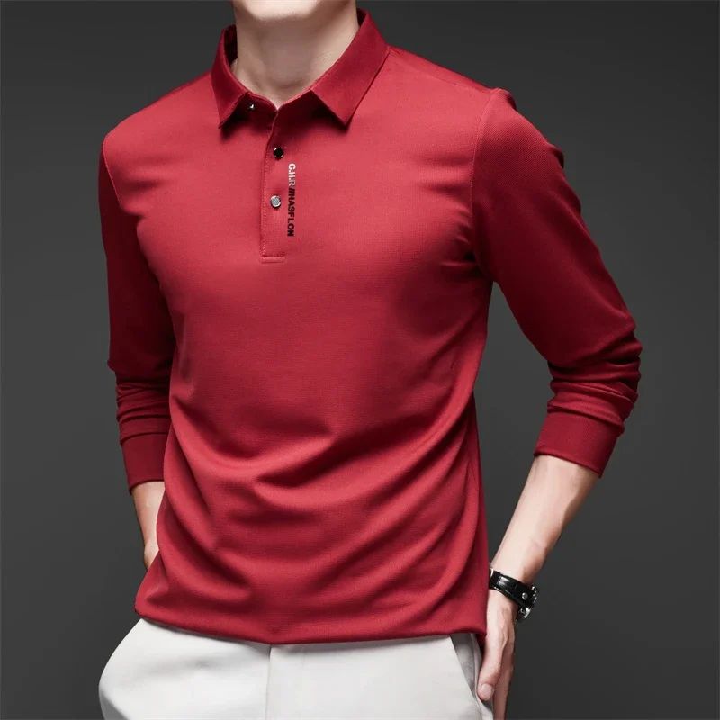Men's Solid Polo Shirt – Long Sleeve Business Casual Polo with Badge, Anti-Wrinkle Breathable Shirt