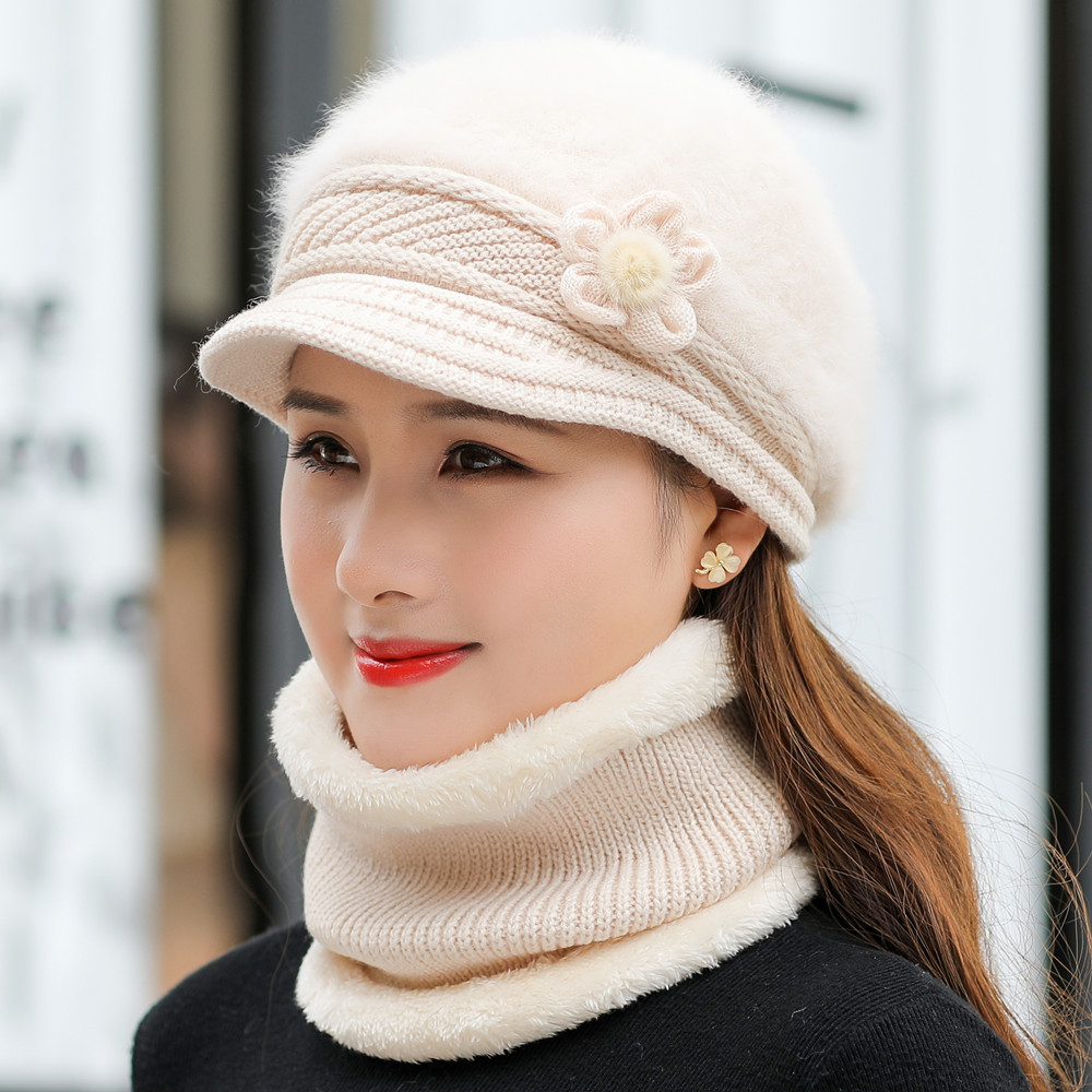 Fashion Women Winter Hat Faux Fur Knitted Hat Scarf Warm Set Keep Warm Cap Casual Flower Hat Lined with Fur