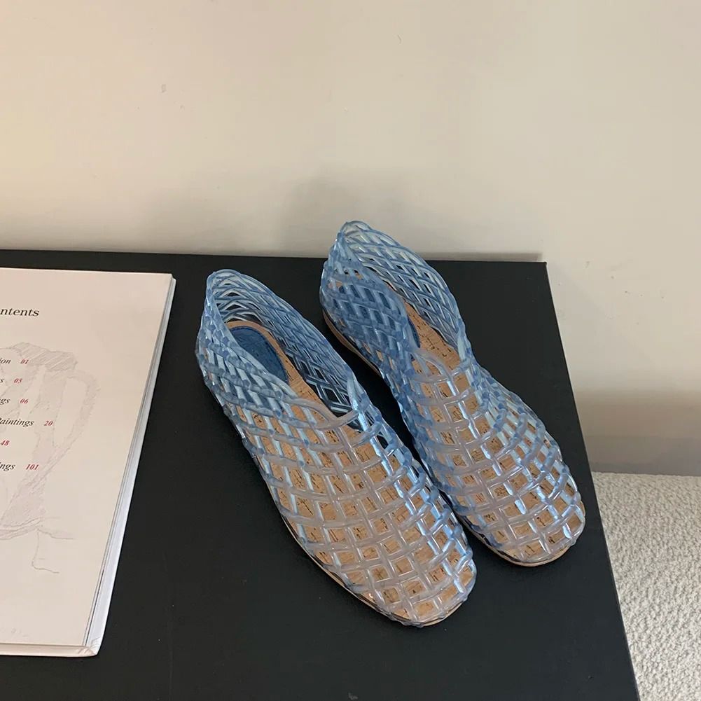 Women Mesh Jelly Ballet Flats Hollow Square Toe Summer Beach Shoes