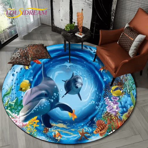 3D Ocean Dolphin Area Rug – Non-Slip Underwater Illusion Round Carpet