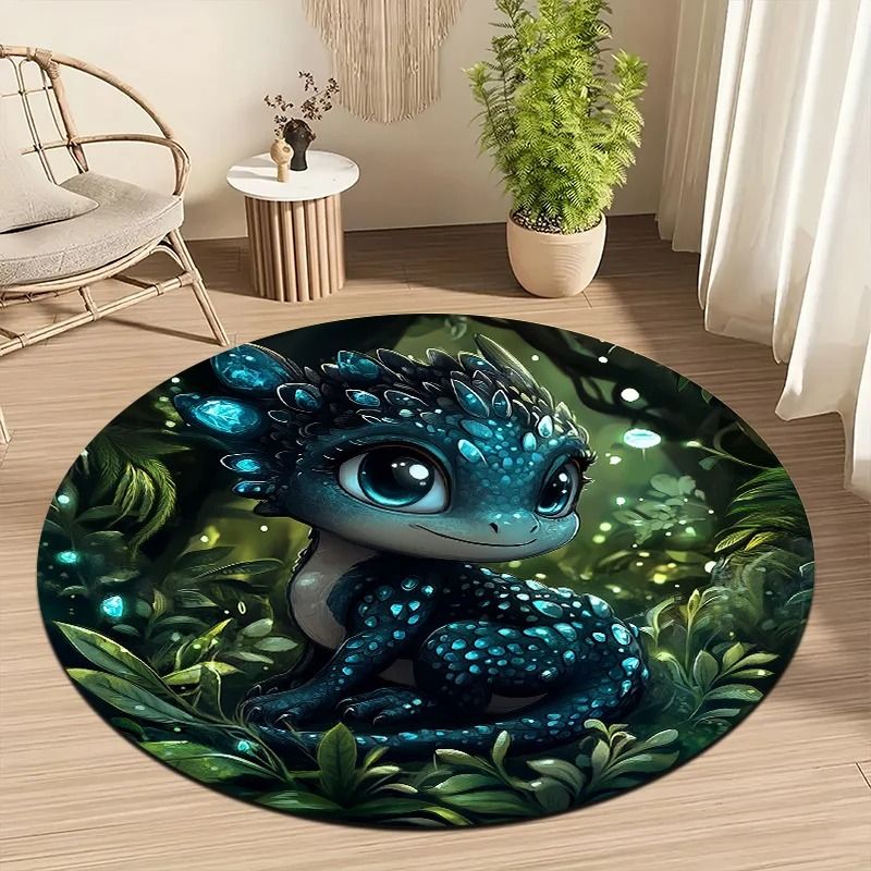 Cute Dragon Cartoon Round Rug Non Slip Flannel Kids Bedroom Carpet