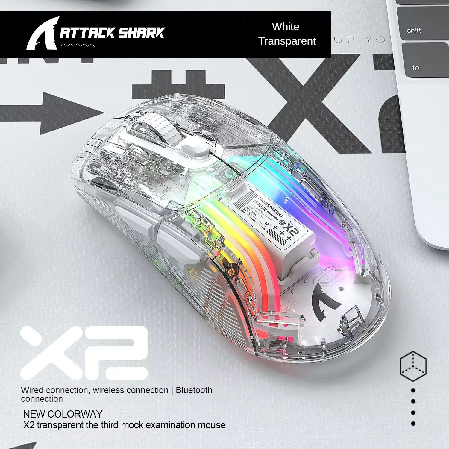 ATTACK SHARK X2 Pro Transparent Shell Wireless Gaming Mouse – Tri-Mode (2.4G / BT / Wired) with RGB Dock & Up to 4000 dp