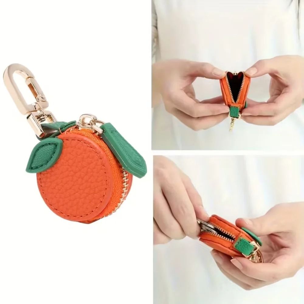 Premium Mini Leather Fruit Coin Wallet – Chic Orange Keychain Backpack Charm & Gift Label