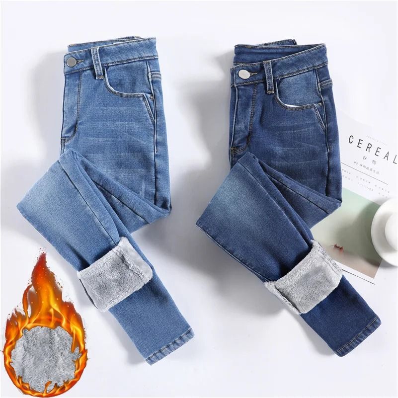 Womens Fleece Lined Thermal Jeans Warm Stretch Skinny Winter Denim Pants