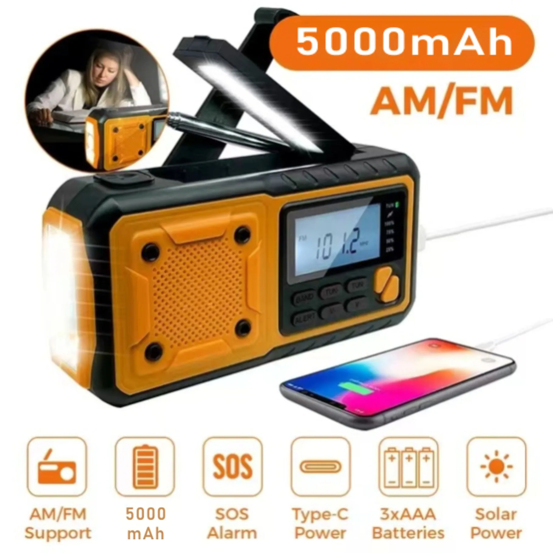 Emergency Solar Radio with Hand Crank Charger, Power Bank & LED Flashlight